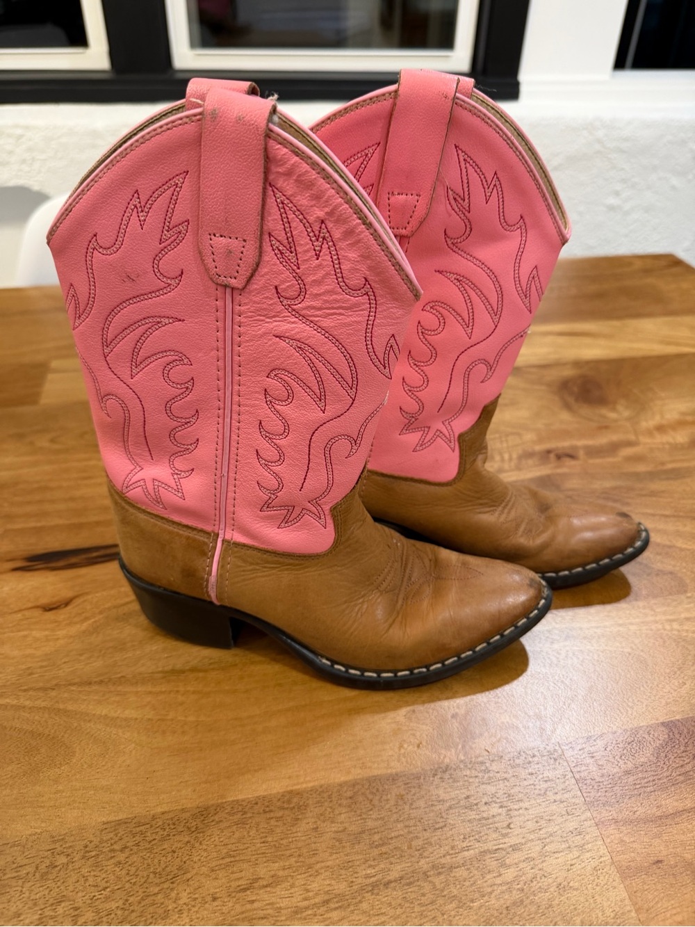 Old West Girl’s Pink and Brown Real Leather Cowboy/Cowgirl Boots Size 25